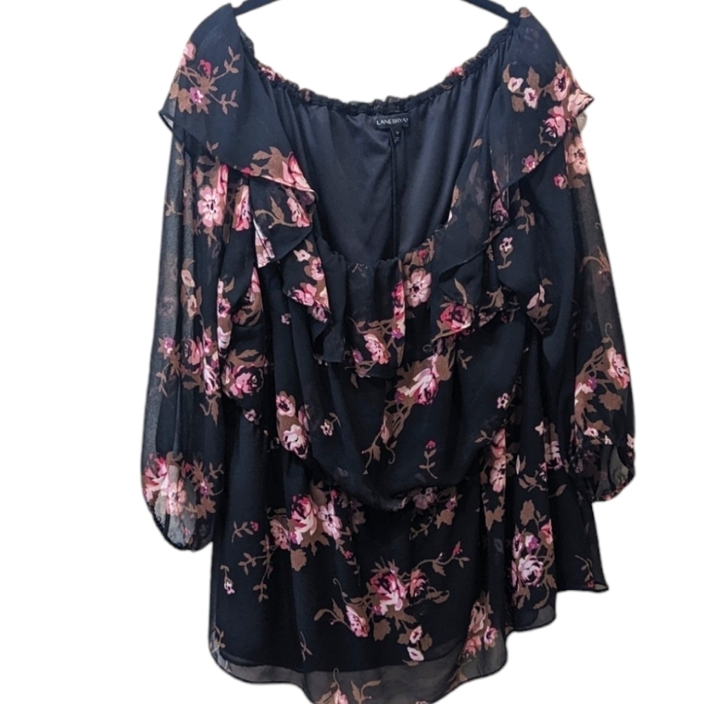 Lane Bryant Black Pink Floral Blouson Ruffle Neck Plus Size Top (24)